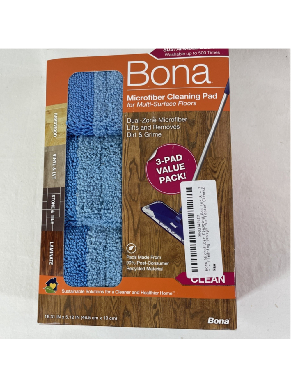 NEW Box of 3 Bona Replacement Microfiber Cleaning Pad 18" Multi Surface Reusable